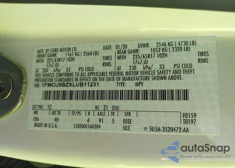 2020 Ford Escape Se Sport Hybrid z USA, uszkodzony, nr VIN 1FMCU9BZXLUB11231